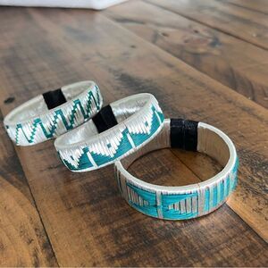 HANDCRAFTED Three Bracelets Set Silver  Plate Cord  Turquoise Warregue Material